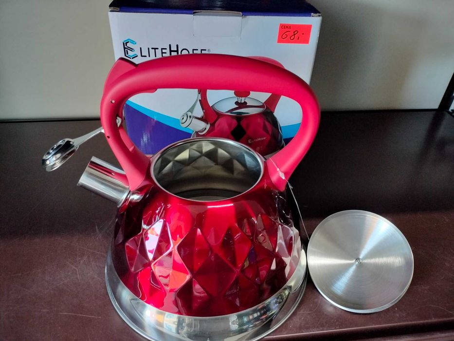 DUŻY czerwony CZAJNIK NA GAZ indukcję czajnik z GWIZDKIEM 3L DIAMENT e