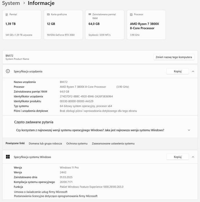 Komputer Ryzen 7 / 64GB RAM / RTX 3060 / SSD NVMe – Windows 11 Pro