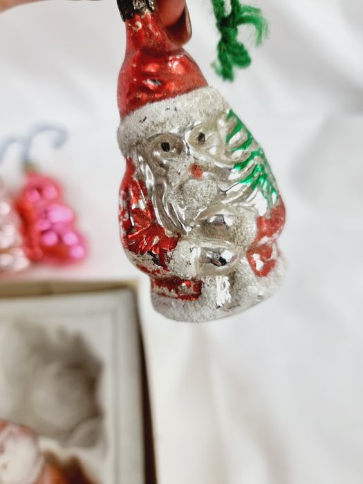 6 bombek szklanych z czasów PRLu kształtki ozdoba świąteczna