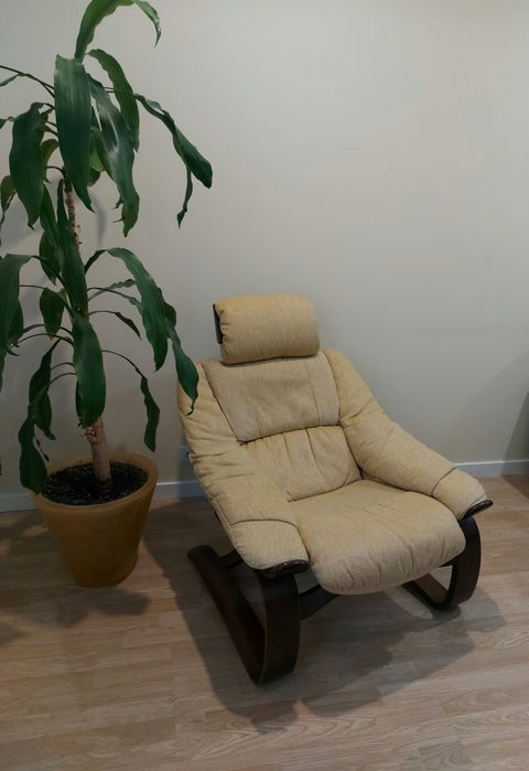 Beige Upholstered Wooden Armchair