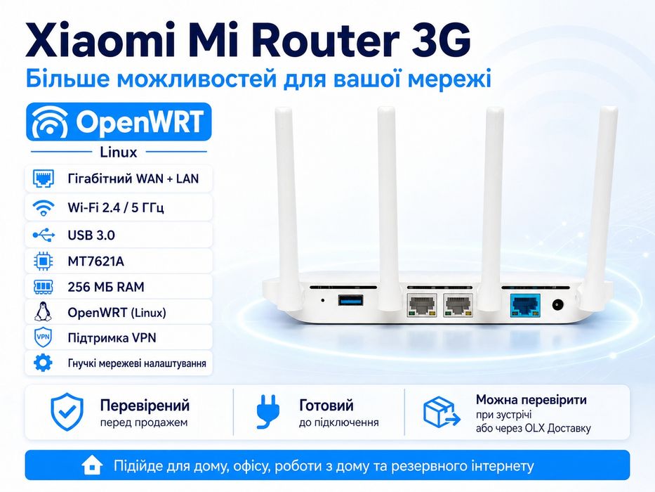 Гігабітний Wi-Fi роутер Xiaomi Mi Router 3G / OpenWRT Linux / USB 3.0
