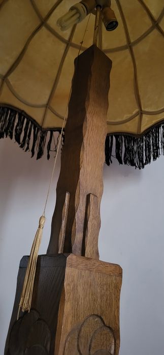 Stara lampa stojąca drewniana klosz skórzany zabytek antyk