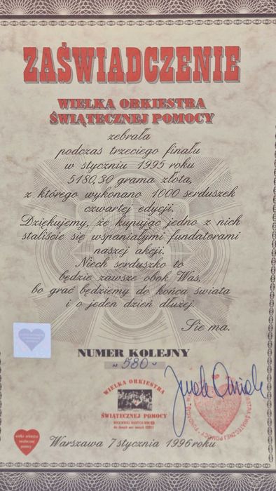 Złote Serduszko WOŚP z 1995 roku – Nr 580 (Unikat Kolekcjonerski)