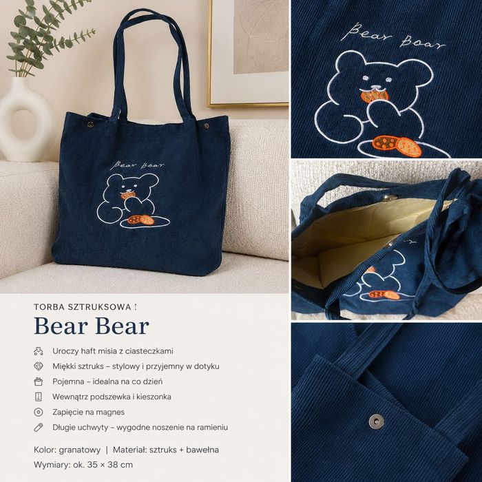 Torba sztruksowa Bear Bear – granatowa, pojemna, z haftowanym misiem