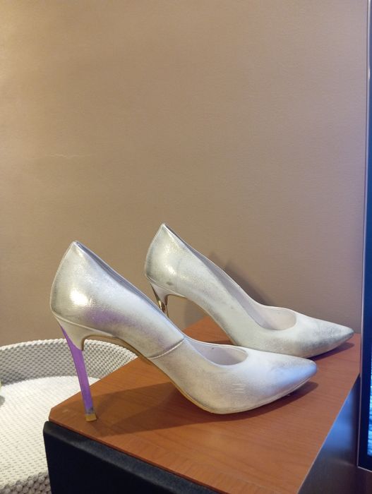 Eleganckie srebrne szpilki na obcasie tanio cheap wiosna spring ślub