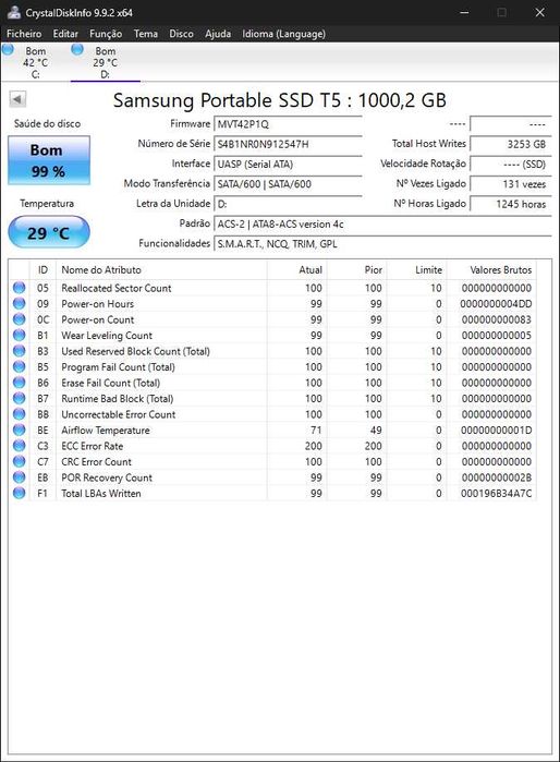 SSD Disco Externo Samsung Portable T5 1TB USB-C - MU-PA1T0B