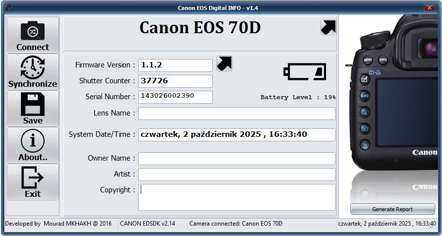 Lustrzanka Canon EOS 70D z ładowarka - przebieg 37726 zdjęć