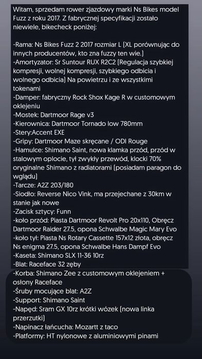 Sprzedam rower NS bikes model Fuzz 2017 rama L
