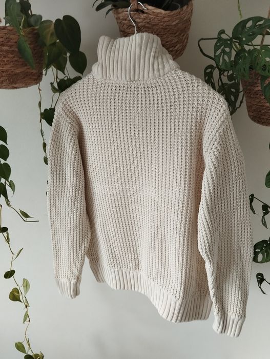 Bawełniany męski sweter, ze stójką, listwa guzikowa, śmietankowy, ze s