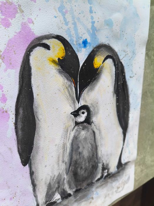 Akwarela Pingwiny Rodzina Prezent Chrzest Dziecko Macierzyństwo 30x42