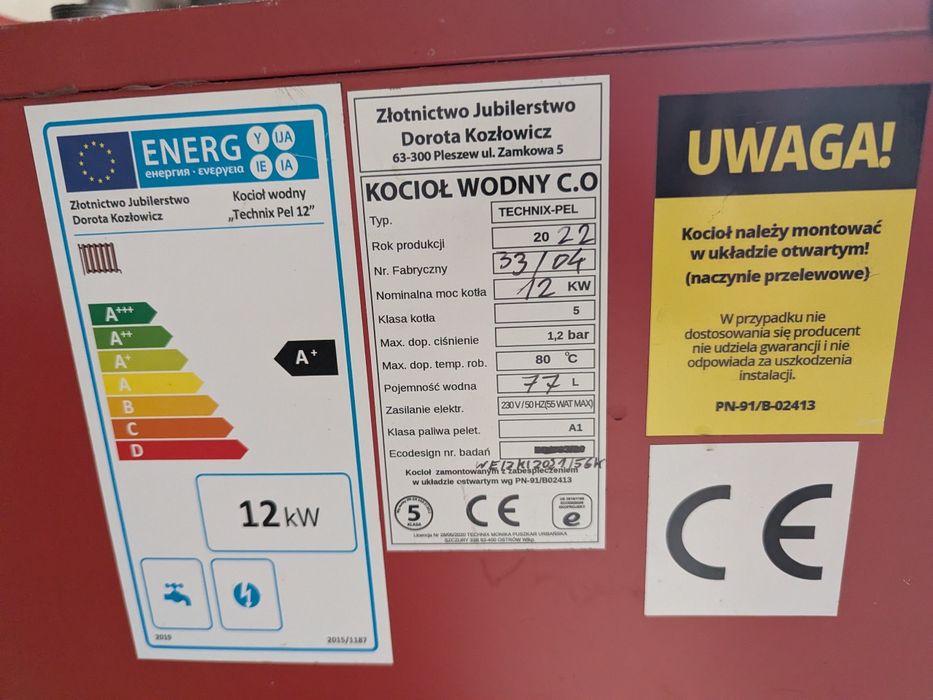 NOWY kocioł 12 kW pellet  – 5 klasa – komplet dokumentów