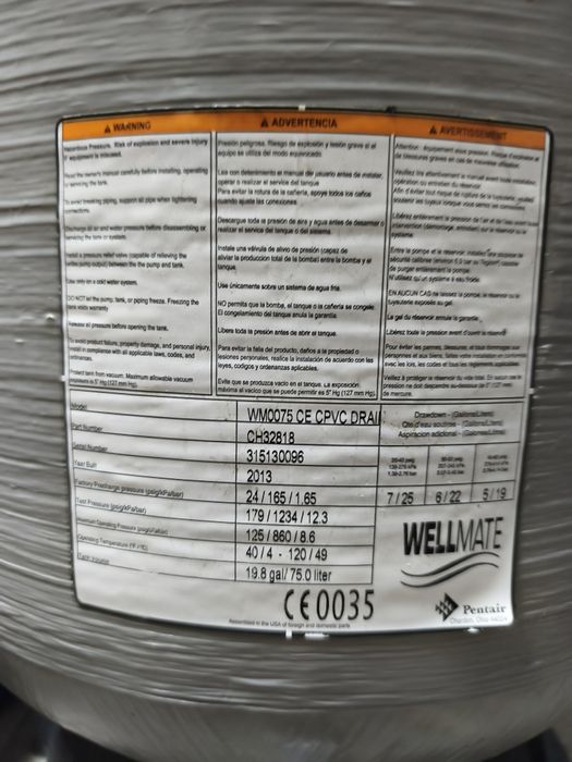 Balão de pressão Wellmate 75L Pentair
