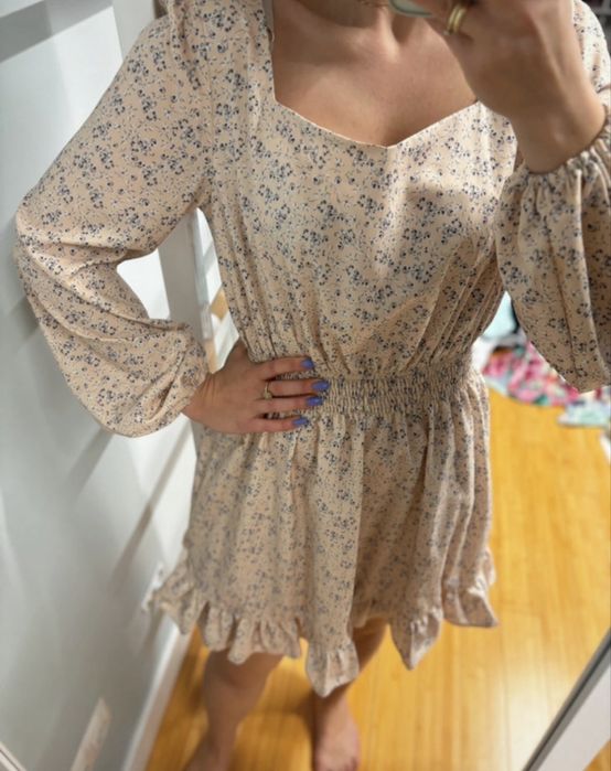 Sukienka nude boho kwiaty jesień s 36 modna