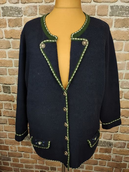 Bawarski sweter kardigan styl folk 30% wełna granatowy 54
