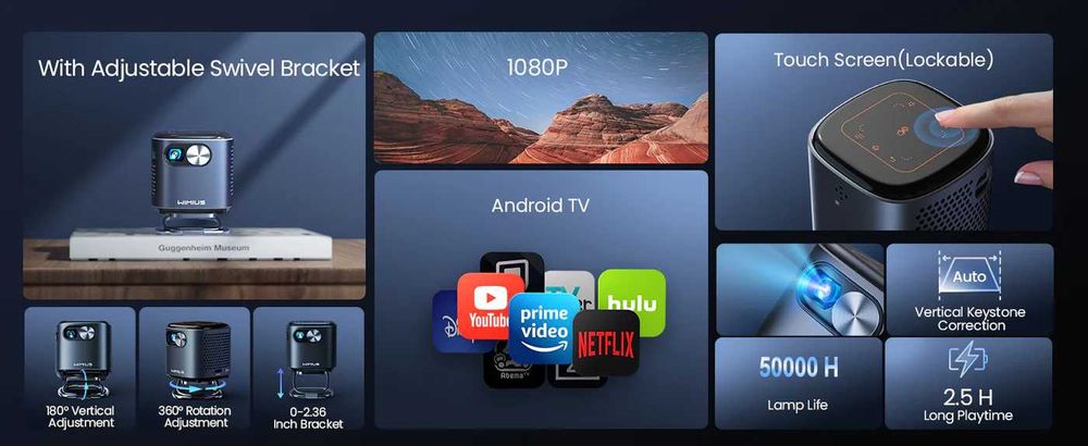 Mini Projector DLP, Android TV WiFi Bluetooth, Full HD 1080P WiMiUS64168937646723122