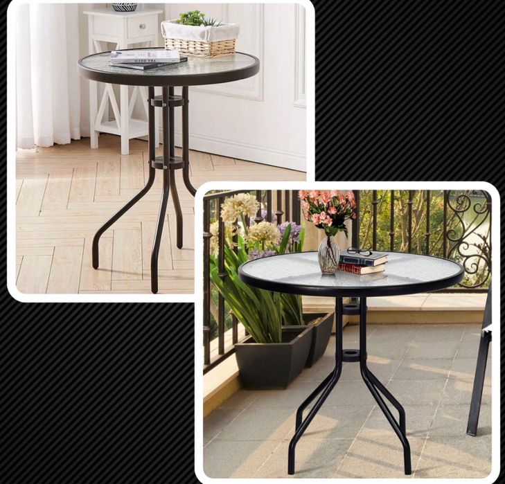 Stół Stolik Ogrodowy Kawowy Okrągły Szklany Metalowy Balkon Taras 60cm