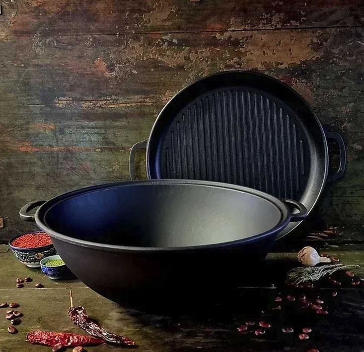 Казан чугунний 8,12,15,18л кришкою сковородою форми Wok + ПОДАРУНОК
