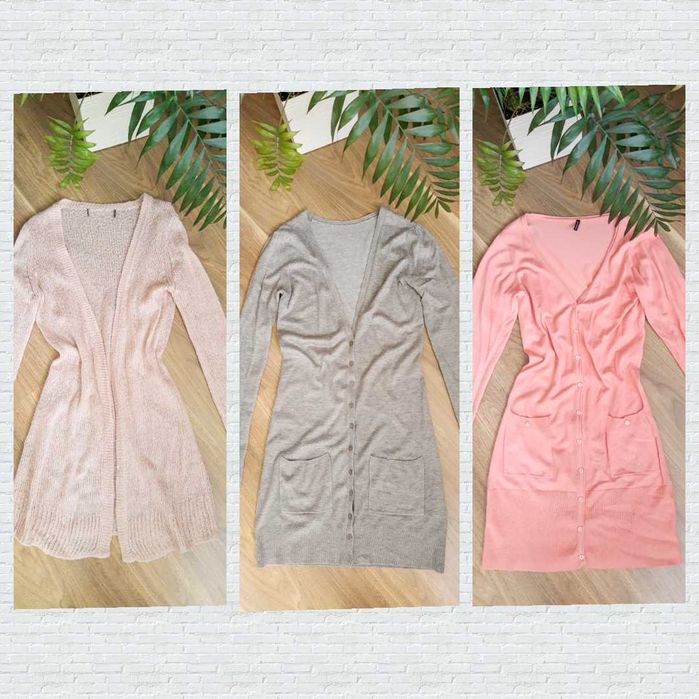 Zestaw 3 kardiganów długie swetry rozpinane szary różowy pudrowy