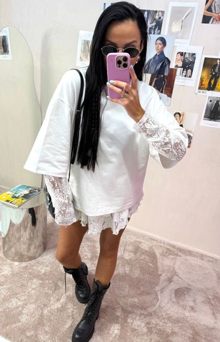 La Milla / t-shirt z koronkowym rękawem / biała oversize