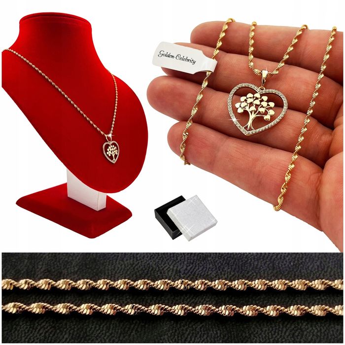 Złoty Łańcuszek Z Sercem Stal Chirurgiczna 18k Drzewko Szczęścia + Cyr