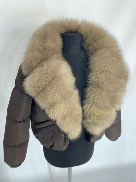 Жіночий короткий шоколадний пуховик з натуральним хутром песця 42-54 р