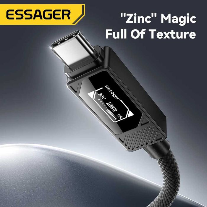 Новинка 2026! Кабель ESSAGER 100Вт TypeC-TypeC з OLED Дисплеєм 1м, PD MacBook iPhone 17|16/15/14, iPad Телефона/ноутбука. Андроид телефонов планшетов