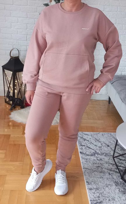 Damski DRES 2części r.M/L ocieplony, bawełna j.NOWY pudrowy róż / beż