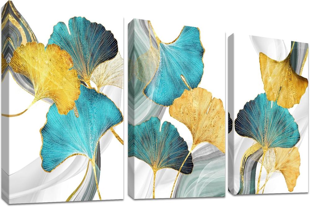 Obraz Ścienny Złote Liście Drewniana Rama 50x70 cm Zestaw 3 Sztuki