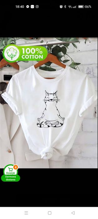 M BAWEŁNA bluzka biała kot medytuje koszulka t-shirt