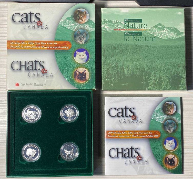 1 Унція срібла Набір Канадські коти срібло 4 x 50 центів Канада 1999