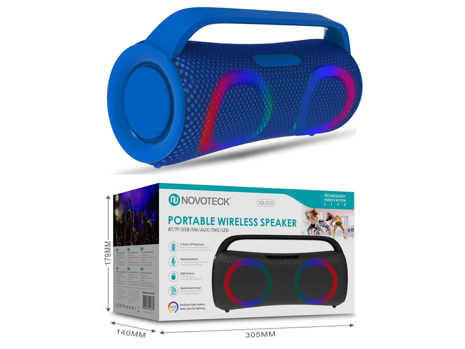 Coluna Portátil Sem Fios Azul XB-010 - BT 5.1, USB, AUX, TWS, FM, Ilum