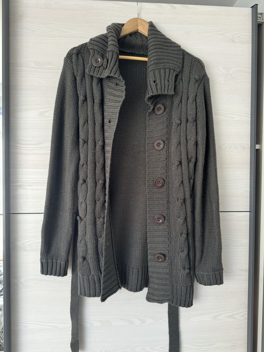 Damski długi sweter kardigan narzutka pleciony guziki pasek vintage