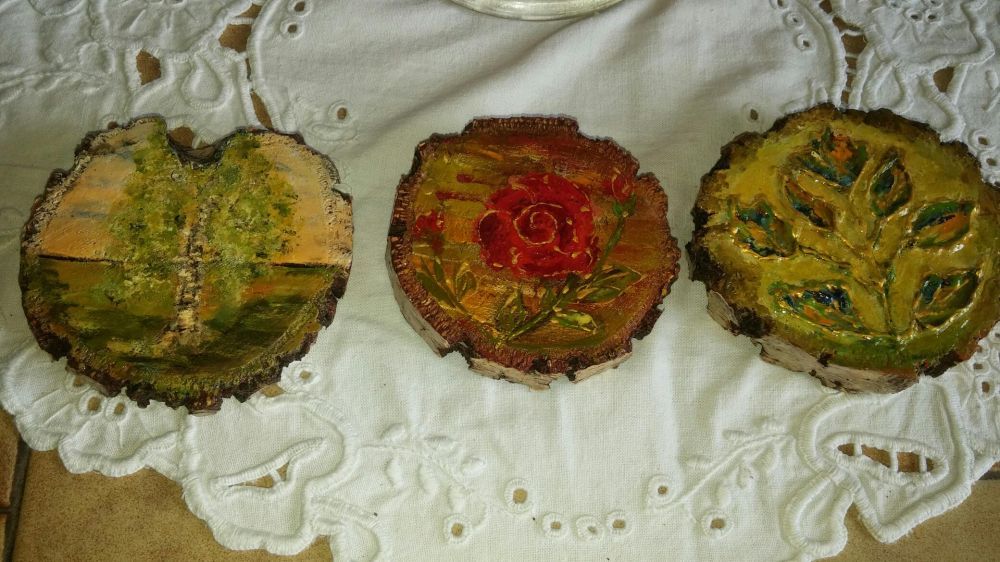 Ręcznie malowane na drewnie obrazki rękodzieło brzoza róża liście