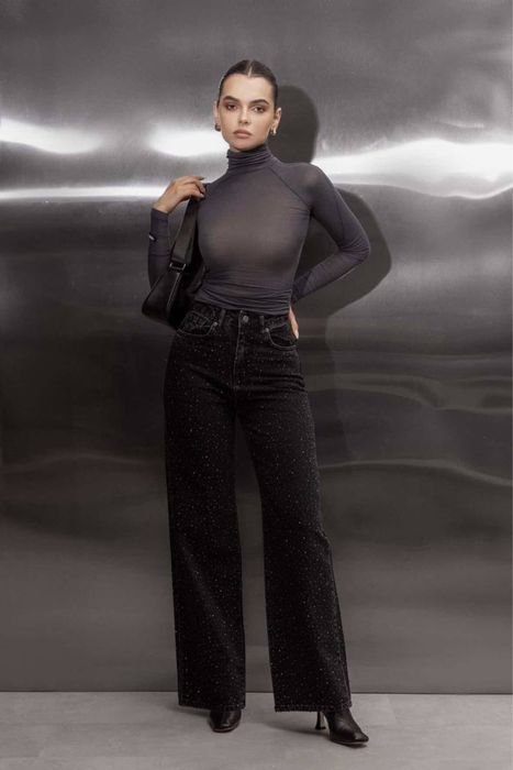 Джинси жіночі wide leg чорні з блискітками S 36 Zeo Basic