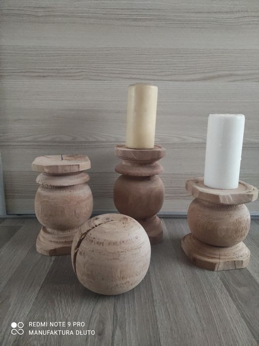 Świeczniki drewniane toczone vintage rękodzieło