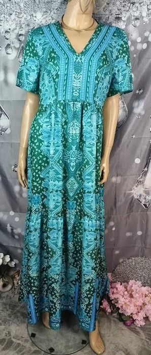 Długa sukienka damska maxi zielono-turkusowa boho lato wakacje, XL