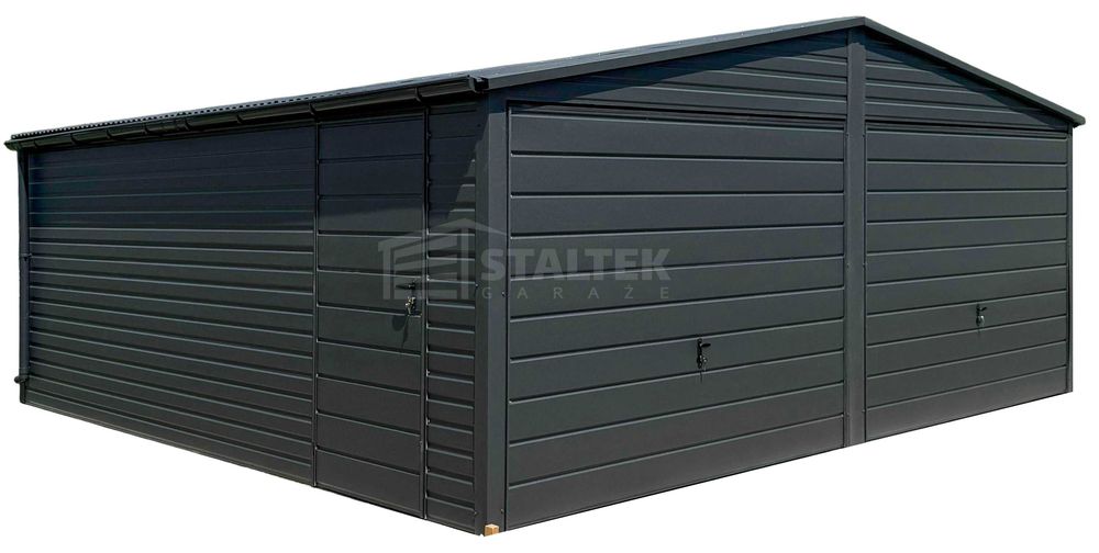 Garaż blaszany 6x6m Brama uchylna drzwi Dach dwuspadowy rynny ST174