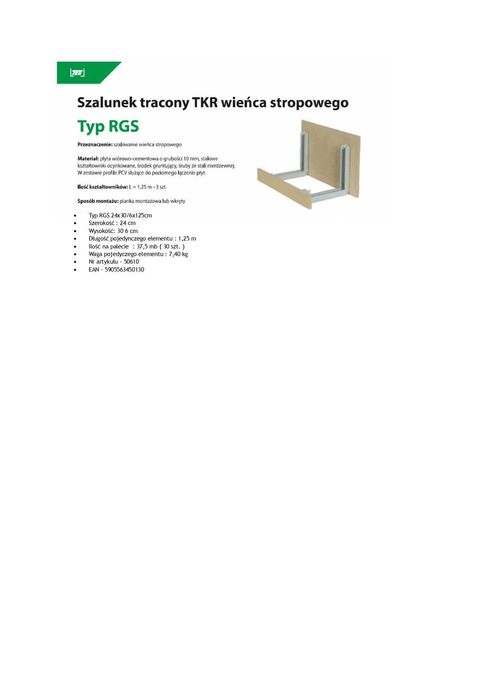 Szalunek tracony wieńca TKR typ RGS 24x30/6x125cm