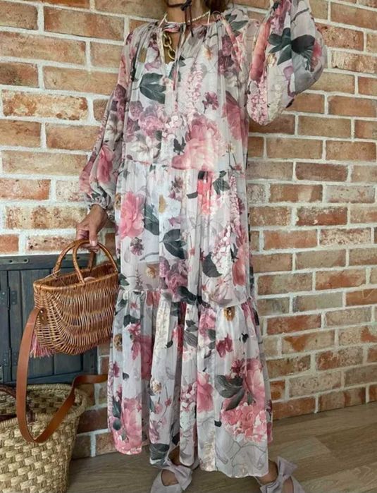 Piękna dluga maxi oversize boho szyfonowa sukienka w kwiaty 44