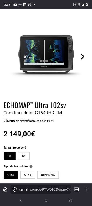 Plotter Garmin Echomap ultra 102 sv com transdutor64309853058561122