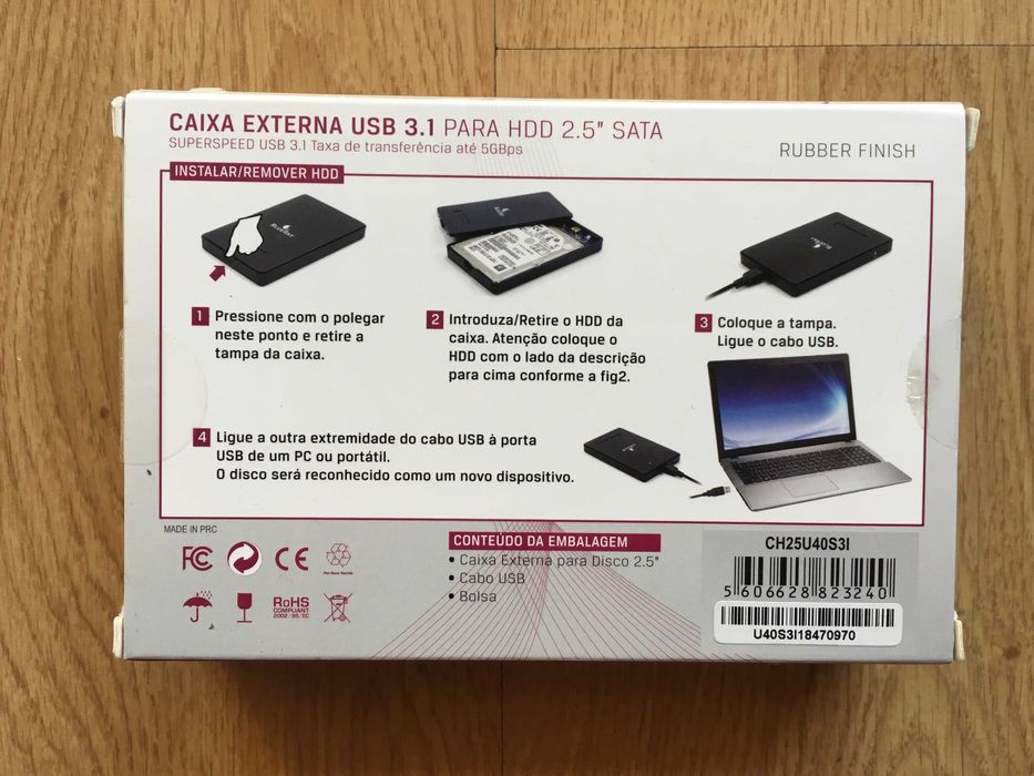 Caixa Externa USB 3.1 para HDD 2.5" SATA (NOVO) + Disco Externo 1TB