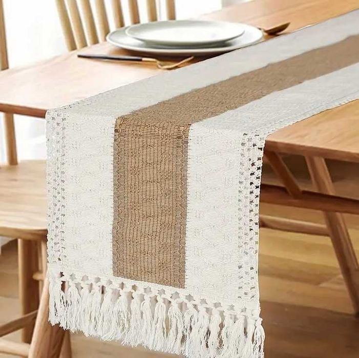 Bieżnik boho, 180x30, obrus w paski z frędzlami – bawełna i len