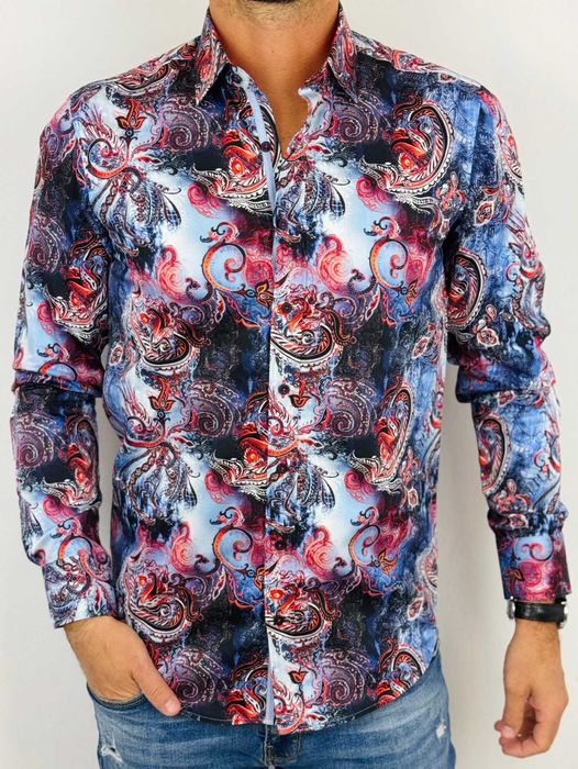 DANIEL BESSI Koszula męska fb103 kwiaty jeans czerwony niebieski