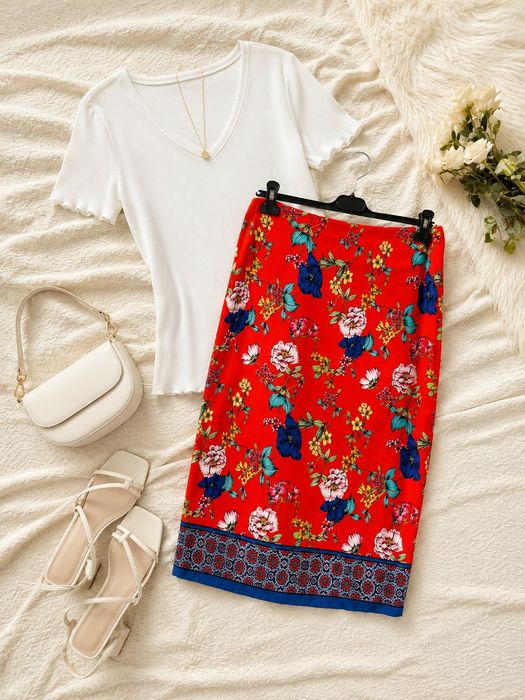 Spódnica Midi Kwiaty Boho Czerwień XL