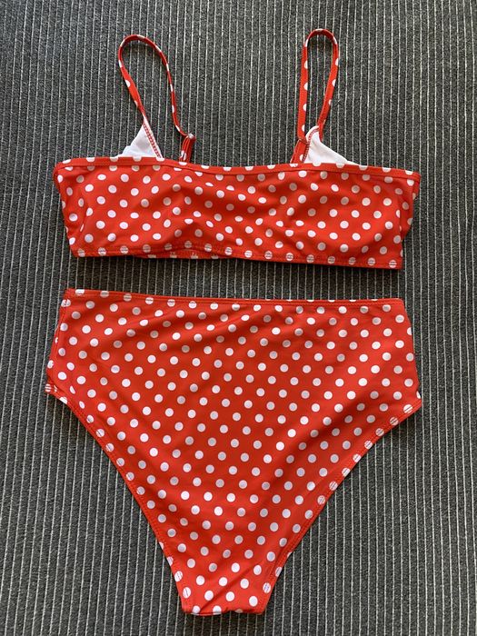 Женский купальник с высокой посадкой/ талией ярко красный в горошек
