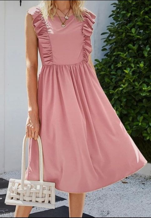 Nowa elegancka sukienka różowa długa z falbankami 34/36 xs s