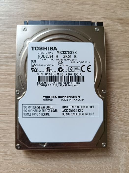 Dysk twardy HDD Toshiba 320GB, 2,5 cala, 5400 obr./min, SATA II, bufor 8 MB, MK3276GSX