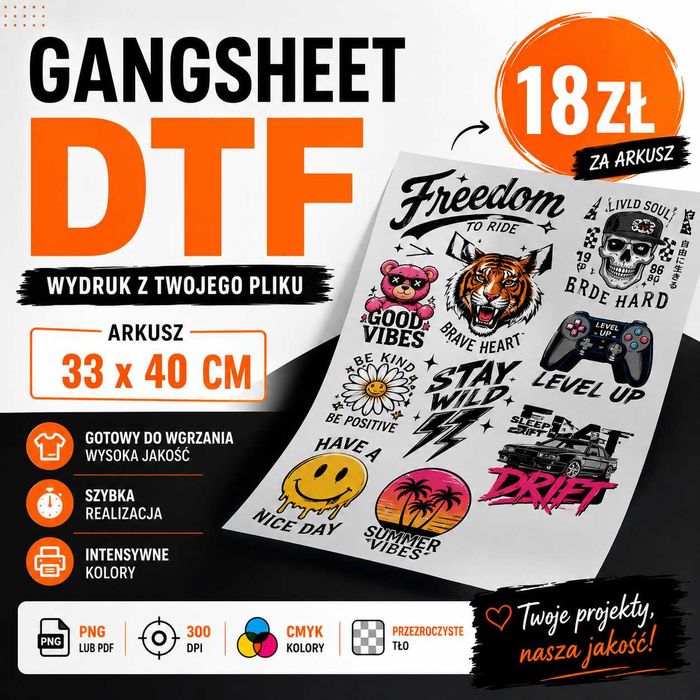 Druk DTF naprasowanka  33 × 40 cm | Własny projekt  | 24 h