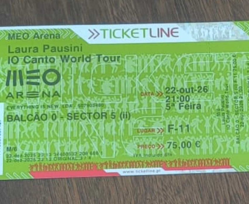 3 bilhetes para o concerto da Laura Pausini no Meo Arena (lugares juntos) - 22 de Outubro de 2026 - 65€/un