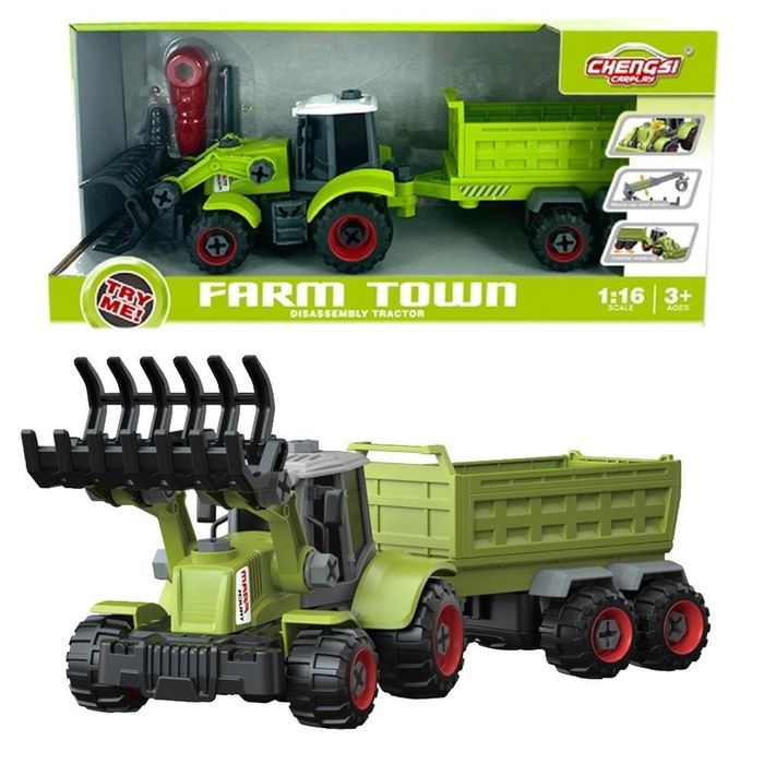 Traktor z łyżką i przyczepą do skręcania pudełko,432x194 mm